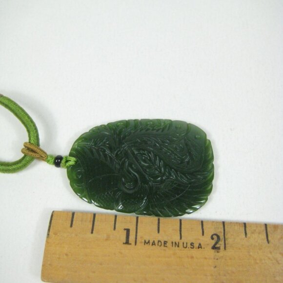 Carved Jade Stone Pendant Dragon Phoenix Adjustable Cord Necklace 15 inch Leaf - Picture 2 of 11